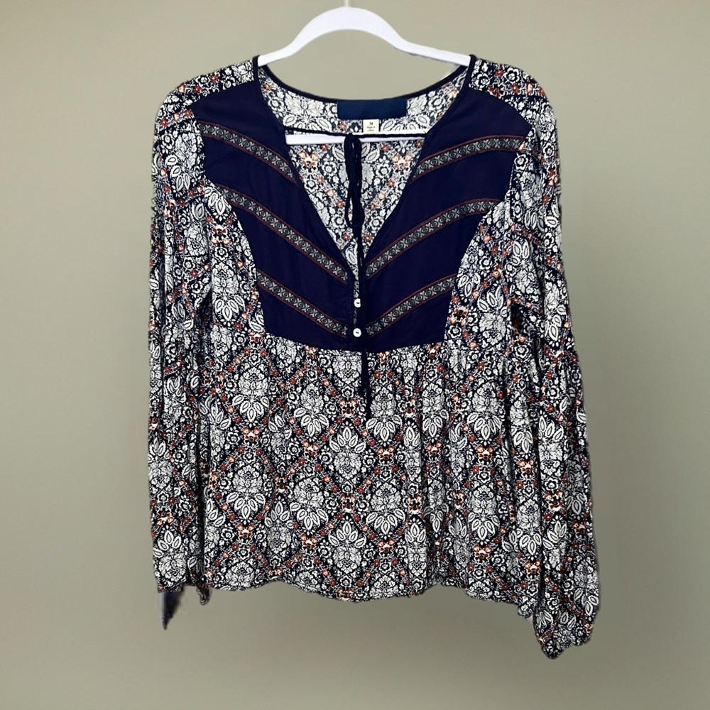 Blue Rain Francesca Navy Print Long Sleeved Peasant Boho Blouse Size M